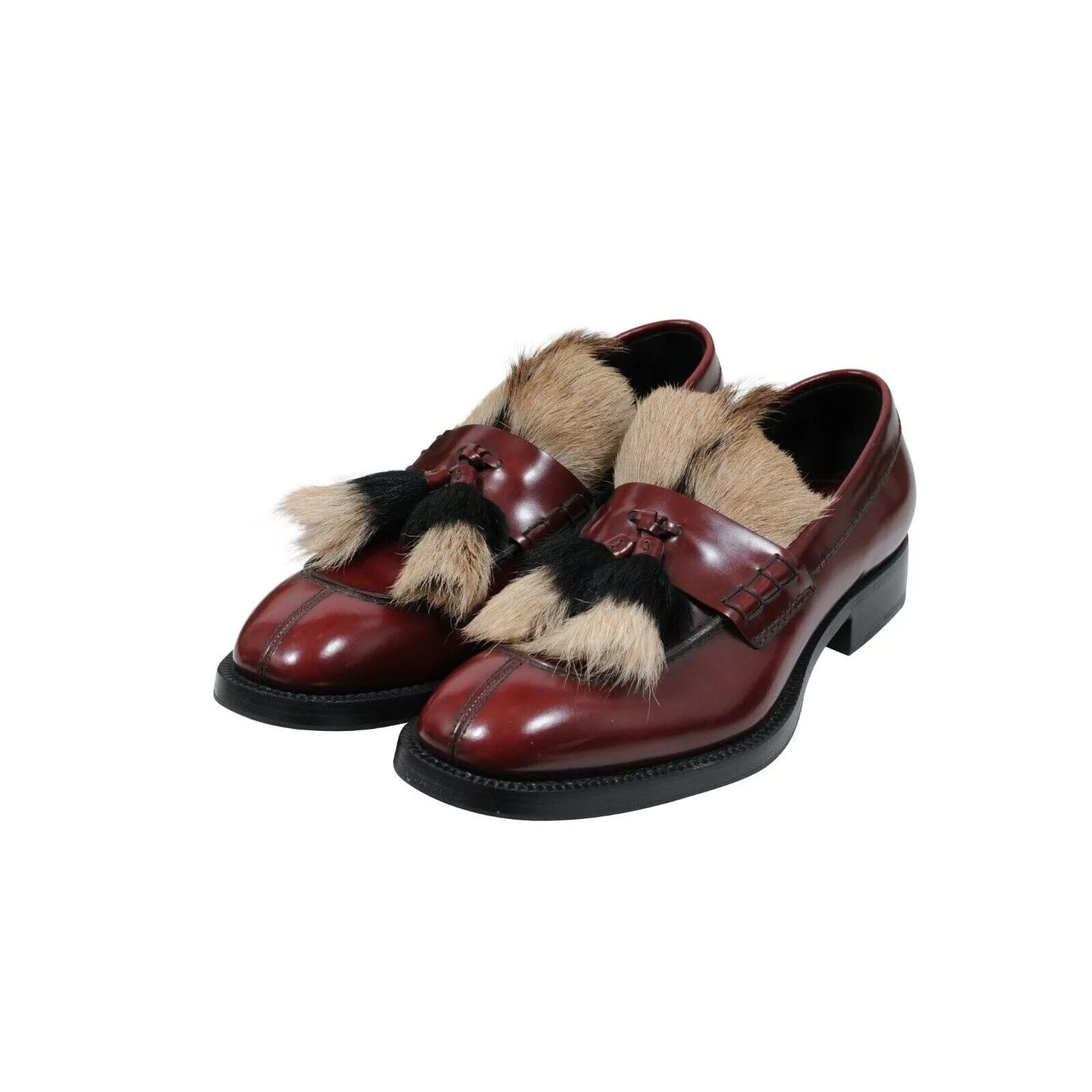 Burgundy Leather Goat Fur Tassel Loafers