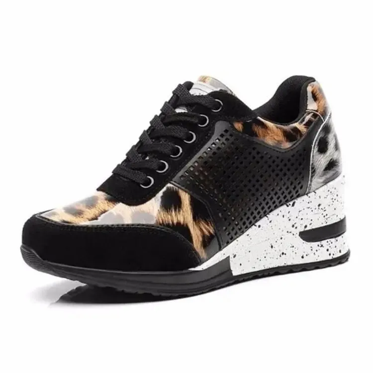 Leopard Design Mesh Wedge High Heel Sneakers