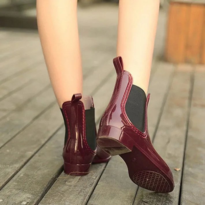 Women's PU Leather Round Toe Rain Boots