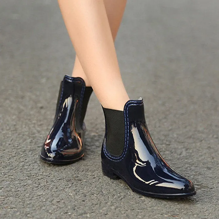 Women's PU Leather Round Toe Rain Boots